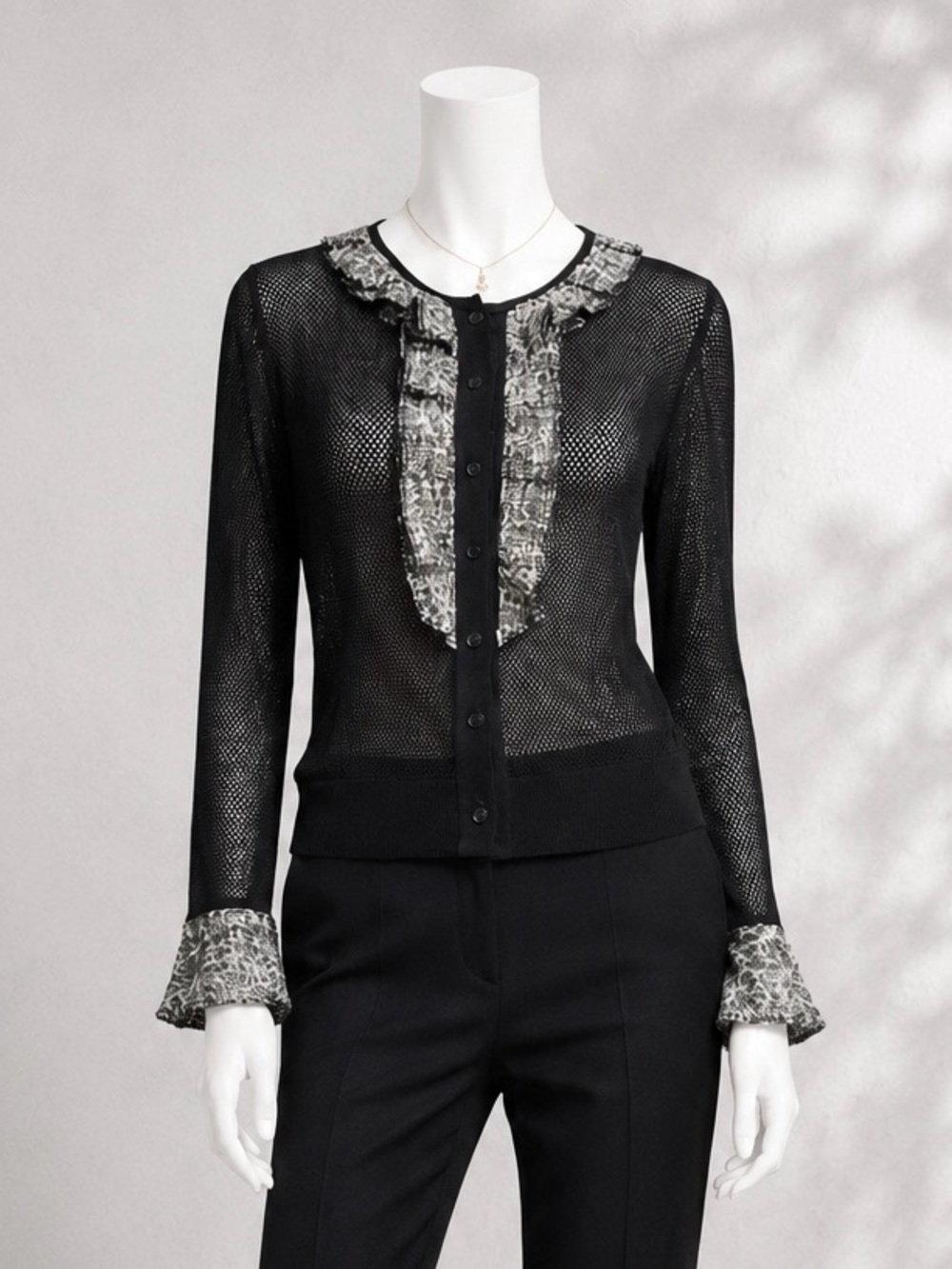 Vintage Anne Fontaine Cardigan US S Black SHEER Ruffle Trim French Preppy Knit
